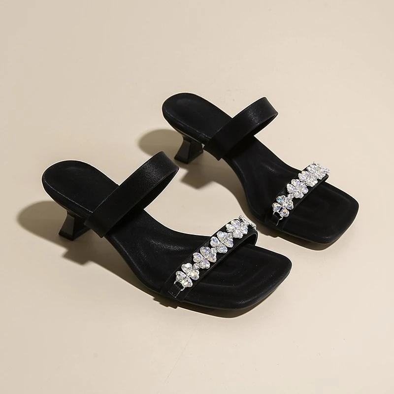 Fashion Banquet Fashion Flip-flops Women's Square Open Toe Crystal Flower Ribbon Non-slip Wear Stiletto Heels