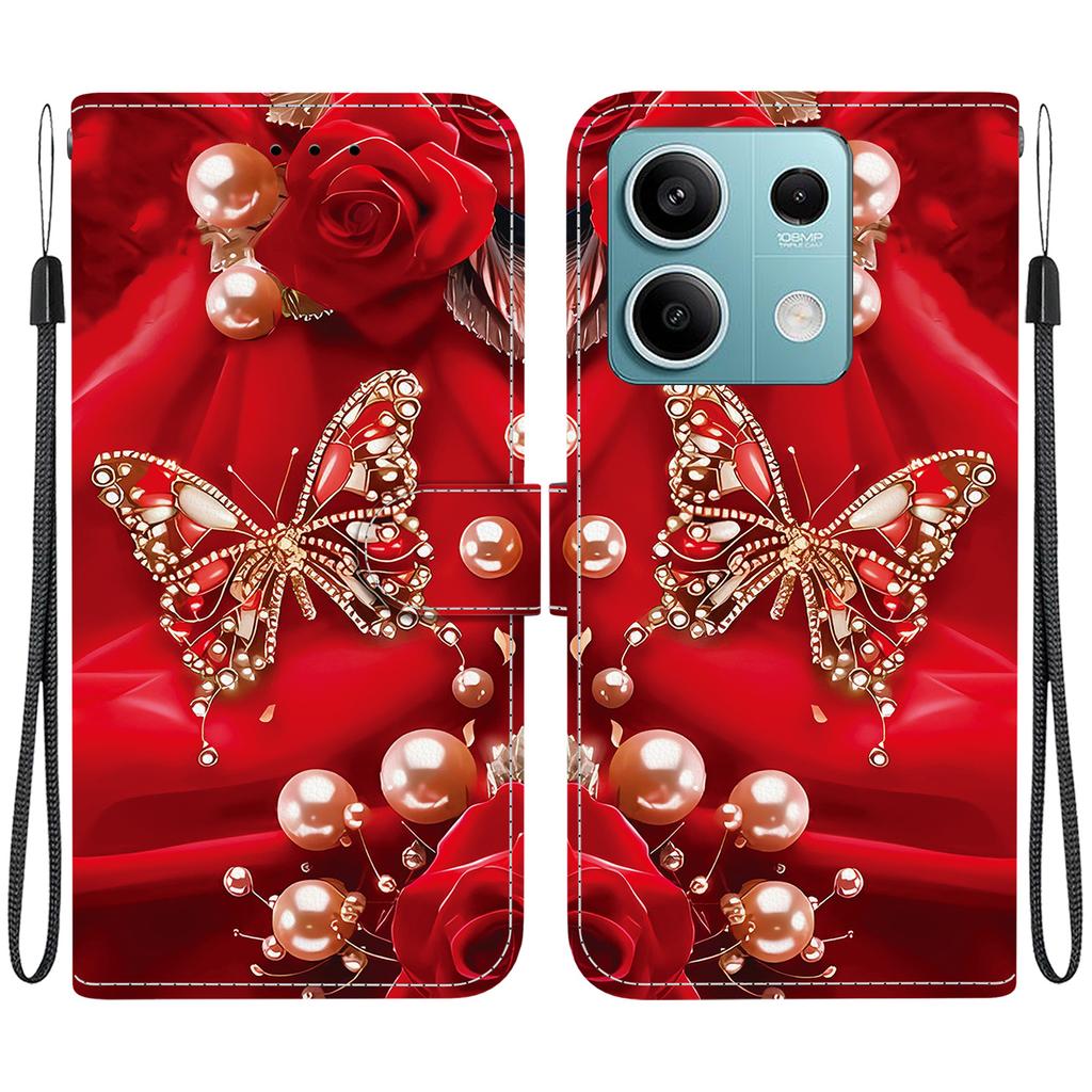 Handmade PU Leather Flip Case for Xiaomi Redmi Note 13 (5G) Anti-Slip Shockproof Cover with Wrist Strap & Heart/Rose Cat Designs