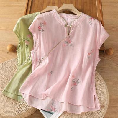 Chemise sans manches brodée à bouton lâche pour femme, été, couleur unie, chemise cheongsam améliorée, chemise