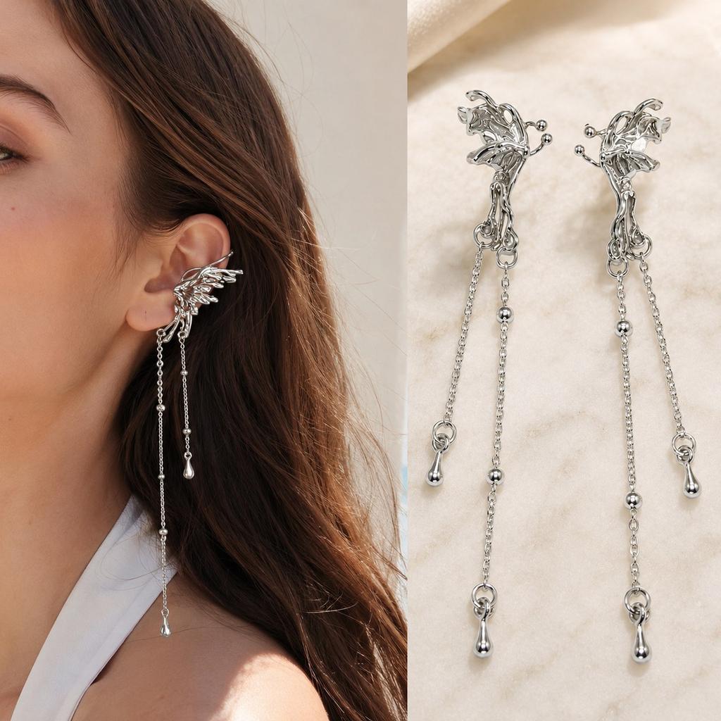 Tassel Ear Cuff Non Piercing Gold Color Long Chain Earrings for Women, Stainless Steel Clip On Ear Wrap Nickel-free