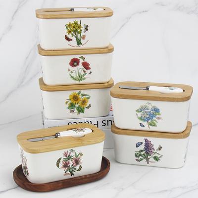 Europäischer Keramik Butterbehälter Box Blume Aufbewahrungsbox Käsewerkzeug mit Messer Bambusdeckel Butterstück Butterdose Geschirr
