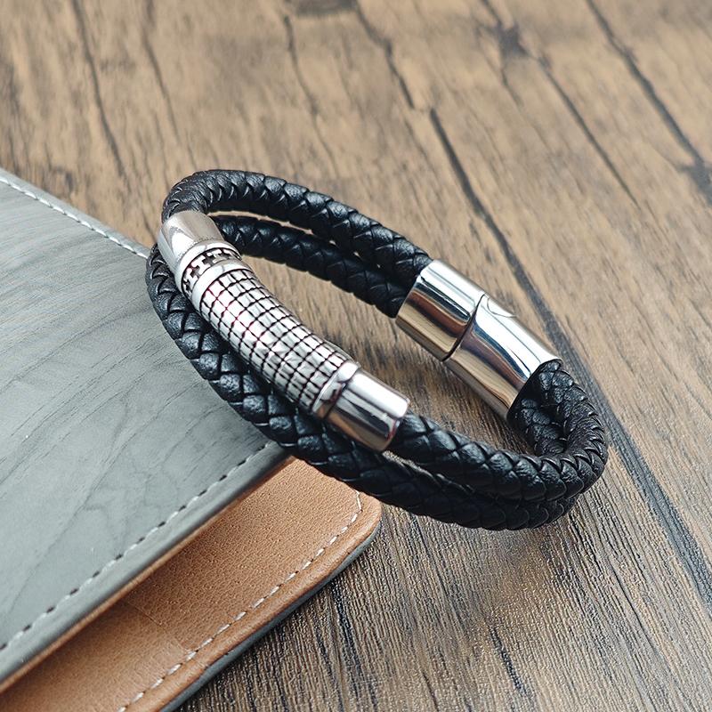 Stainless Steel Cross Men's Leather Bracelet Black Bracelet Jewelry Birthday Gift Bangles Handmade Jewelry Accessories Wholesale