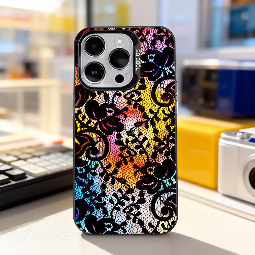 Lace Print Pattern Phone Case For iPhone 17,16,15,14,13,12,11,Pro,XS,Max,Plus,Mini,SE4,E Black Matte Shockproof Cover