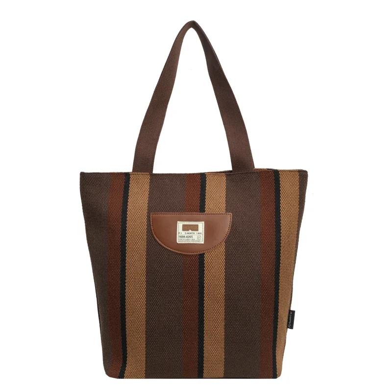 

Casual Striped Canvas Shoulder Bags Zipper Large Capacity Sense of Luxury Color Matching Bags