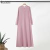 ZANZEA Womens Casual O-neck Loose Long Sleeve Pleated Long Dress