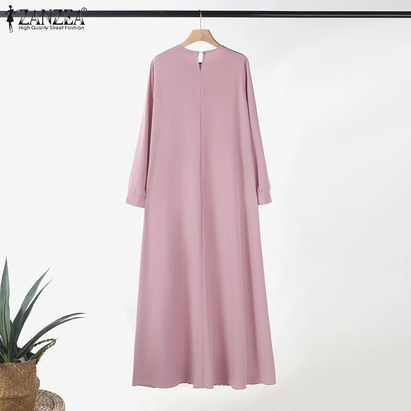 ZANZEA Womens Casual O-neck Loose Long Sleeve Pleated Long Dress