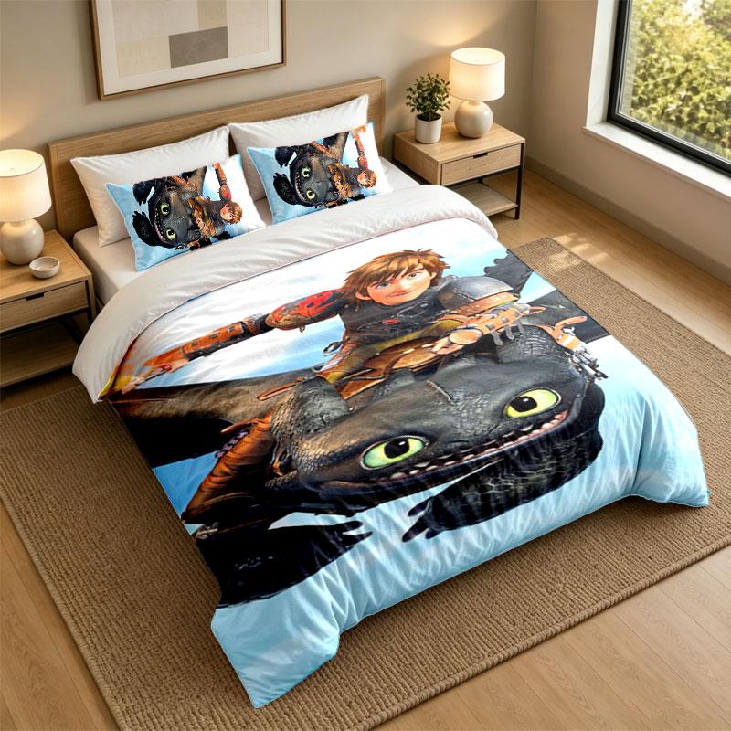 3Pcs Bedding SetHow to Train Your Dragon Soft Bed Sheet and Two Pillowcases Home Bedroom Decor