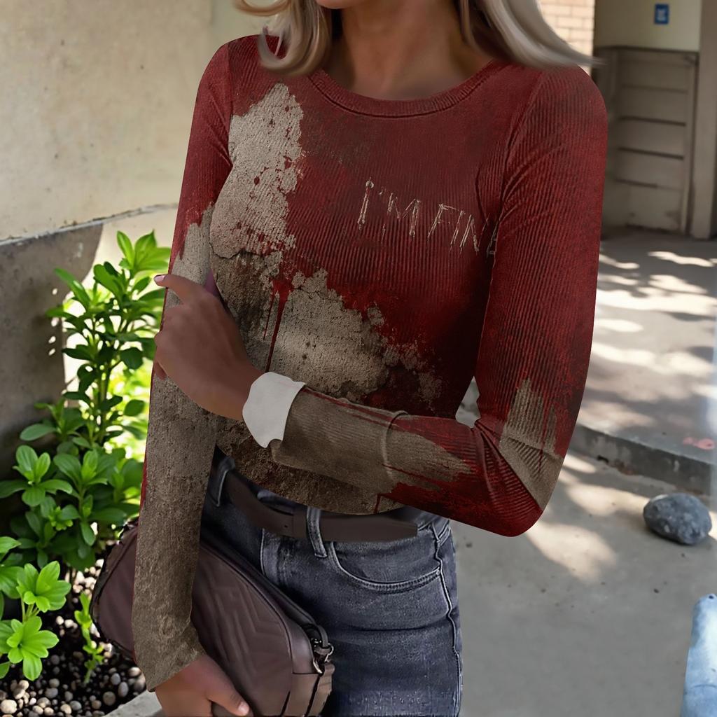 Womens Halloween Print Long Sleeve T Shirt Slim Fit Round Neck Casual Stretchy Basic Top for Autumn Winter
