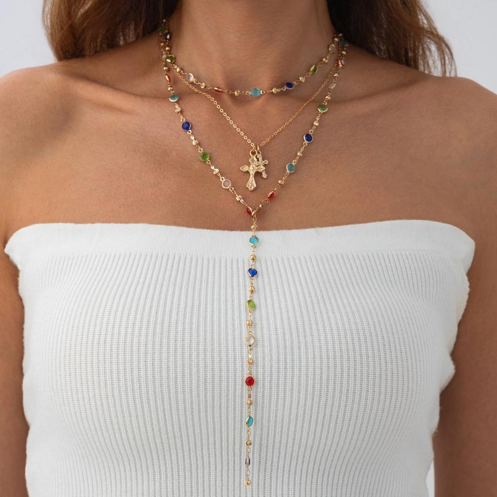 European and American Sense Y-shaped Fringed Necklace Women, Creative Color Double-layer Cross Pendant Collarbone Chain Necklace