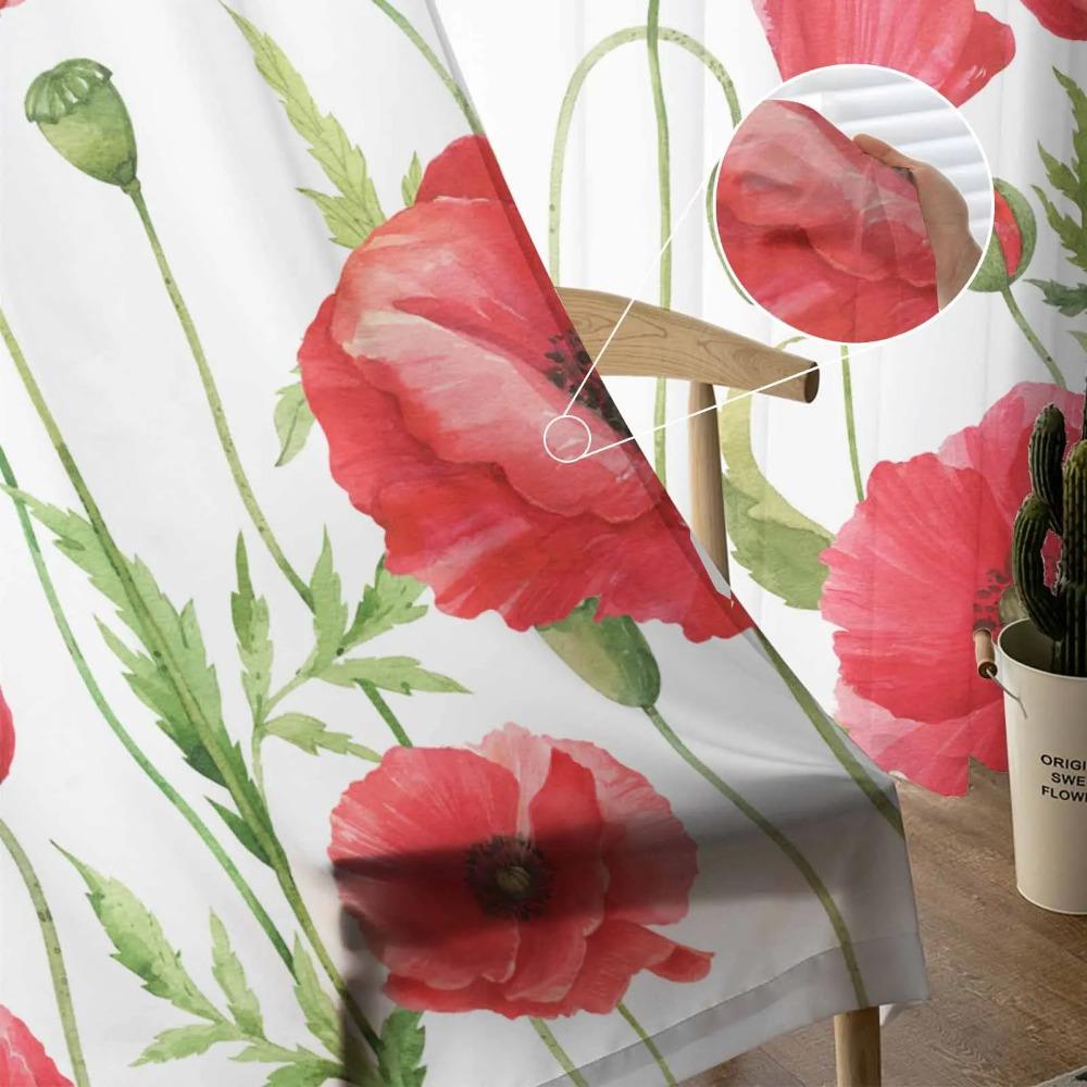 Röda Akvarell Vallmoblommor Skira Gardiner för Vardagsrumsdekoration Fönstergardiner för Kök Tyg Voile Organza Gardiner