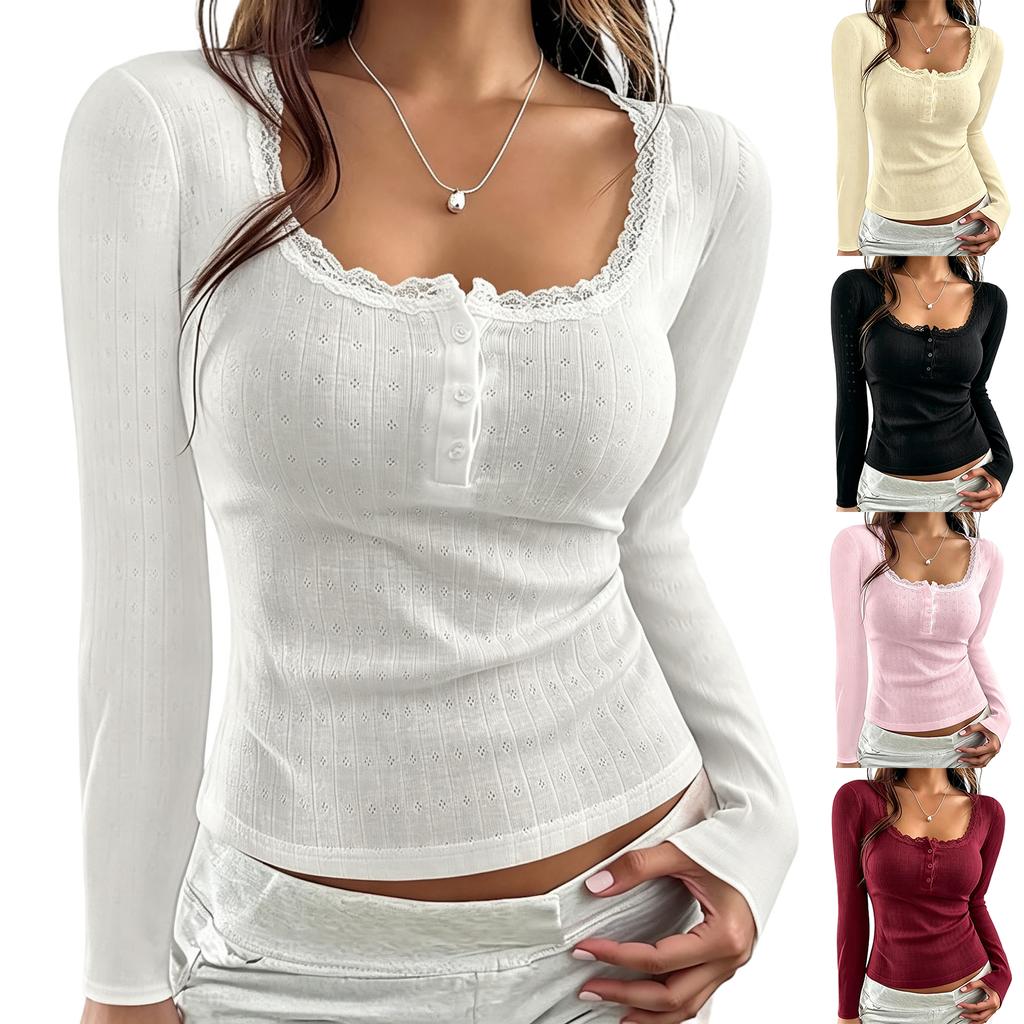 Women's Square Neck Lace Trim Button Front Short Sleeve Fitted Blouse