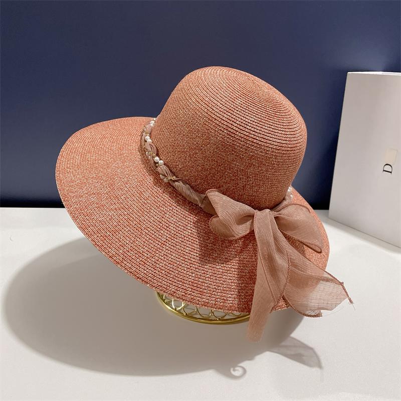 Summer 2022 New French Lace Ribbon with Large Brim Beach Hat For Seaside Travel Straw Hat Hepburn Style Top Hat Sun Block Hat