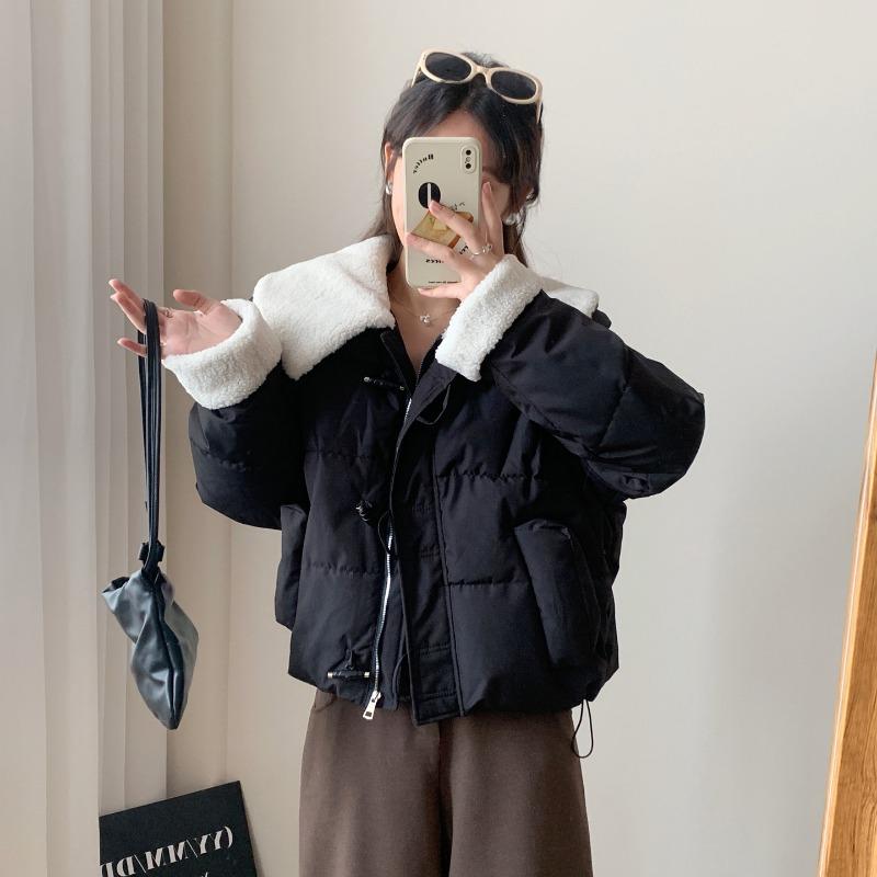 

Lamb wool lapel college cotton-padded coat for women s winter new thickened warm college style coat M чёрный