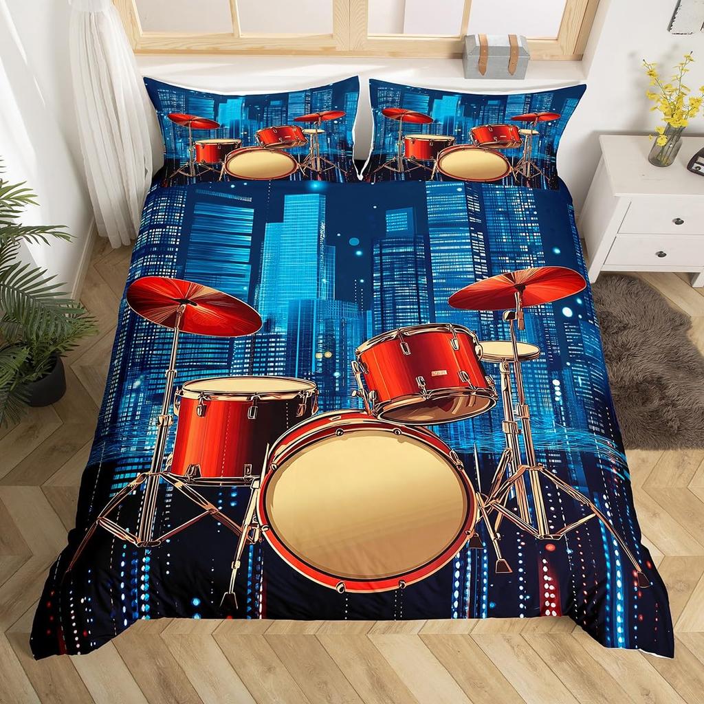 Comforter 3D Drum Kit Queen Microfiber Rock Music Theme Classic Musical Instrument Comforter Hip Hop Grunge Bedding Set