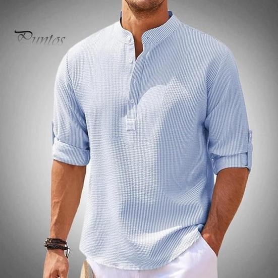 Men Shirt Long Sleeve with Cufflink Stand Collar Half Single-breasted Pullover Mid Length Solid Color Plus Size Daily Office Business Top