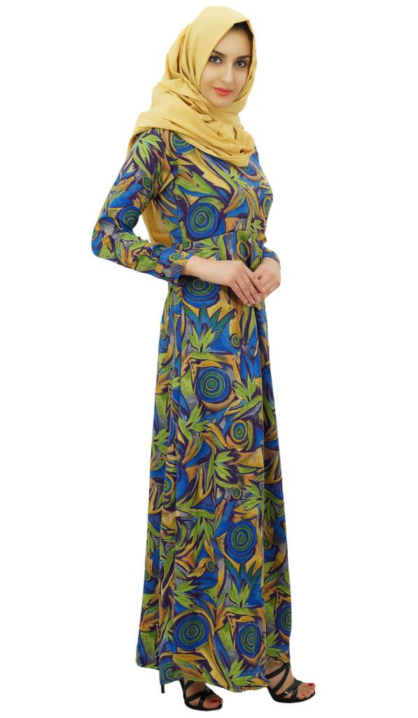Bimba Womens Muslim Printed Jilbab Dress Designer Abaya With Pockets & Hijab