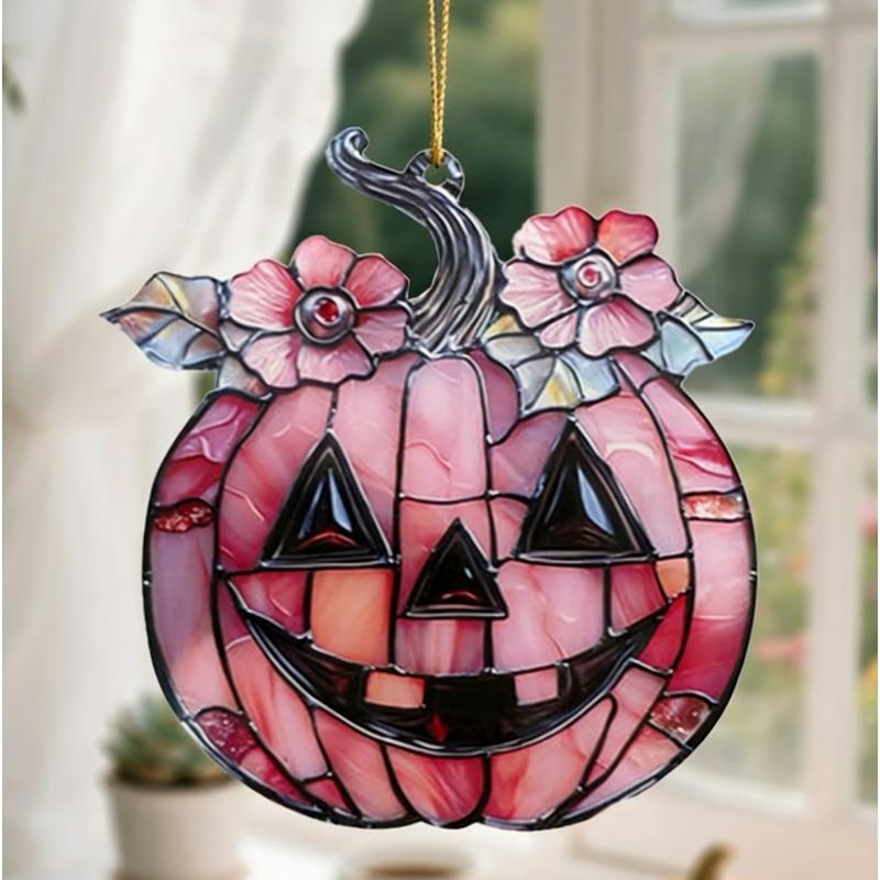 

2D Flat Halloween Pink Pumpkin Hanging Ornament Acrylic Decoration Sign, Floral Design, Home Decor Plaque Hanging Wall Art Decorative Garden Decoratio 19.5*18CM