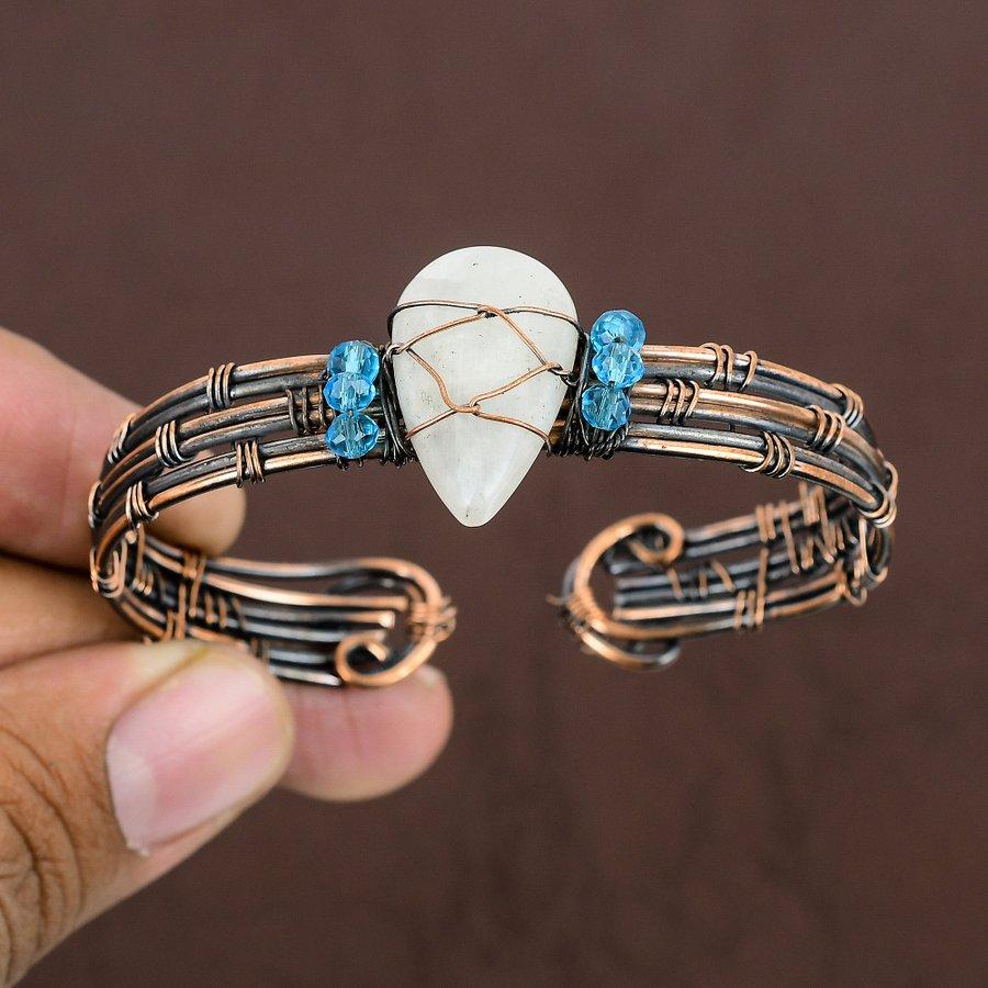 Natural Rainbow Moonstone Gemstone Copper Wire Wrap Cuff Bangle Adjustable z8W59