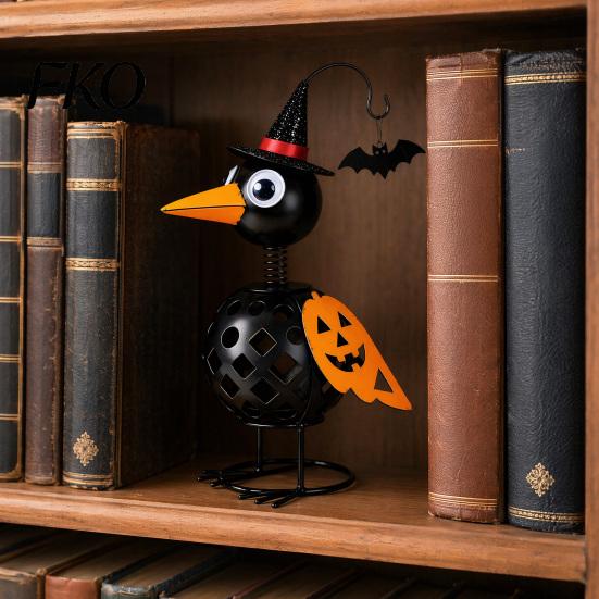 Fall Harvest Decorations Halloween Metal Crow Pumpkin Figurine, Wrought Iron Raven Statue with Witch Hat, Spooky Decor LED Candle Holder