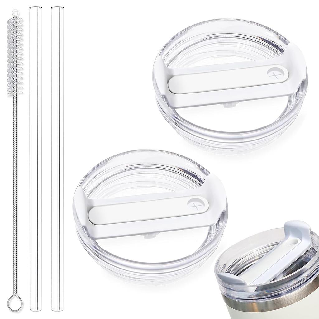 40oz Tumbler Lid Replacement Fit for Stanley Cup, 2 Pack Replacement Tumbler Lids , with 2 Straws and 1 Cleaning Brush