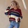 Women's Crew Neck Long Sleeve Knit Sweater Loose Fit Lazy Style Color Block Striped Pullover Top