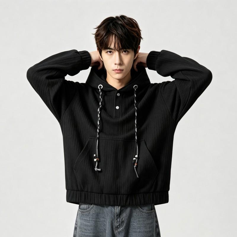 Mens Solid Color Hoodie With Wheat Ear Embroidery Loose Fit American Street Style Trendy Students