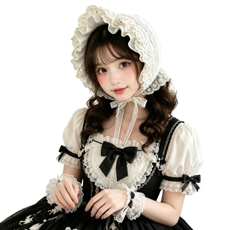 Gekräuselte Spitzenhaube mit Blumenstickerei und faltbarem Design für Cosplay, Anime-Maid und Theaterkostüm-Styling