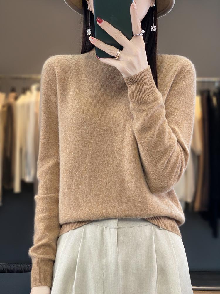Women's Half-High Neck Wool Sweater Pullover - Loose Fit, Autumn/Winter Knitwear