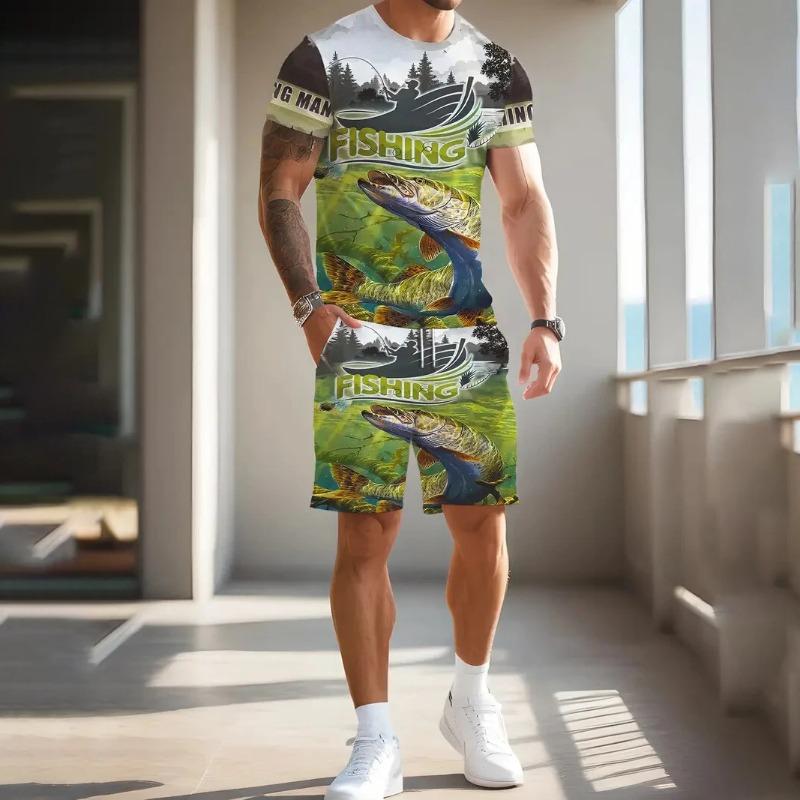 Outdoor Men's Tee Sets Fishing Print Summer Casual Short Sleeve Pullover T-shirts Drawstring Pants Set Male Overszied Clothing