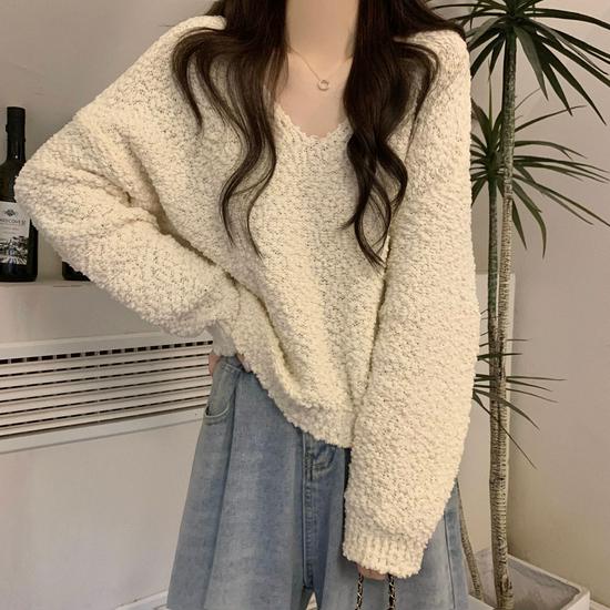 

V-Neck Knit Sweater for Women – Loose, Slimming, Long Sleeve Pullover, Versatile Spring Top One Size