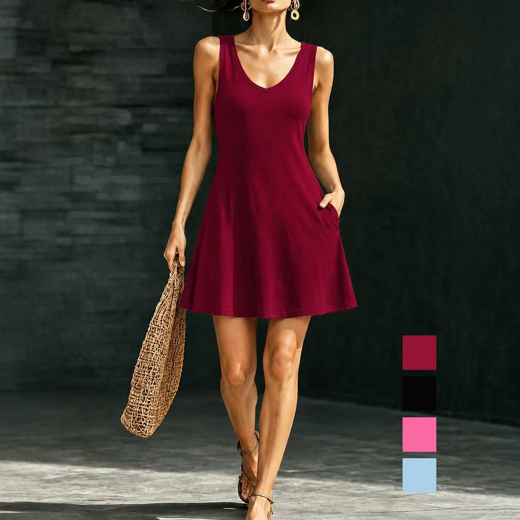 European and American women's clothing sleeveless V-neck A-shaped pendulum slim-fit vest skirt with pockets and thin holiday dress