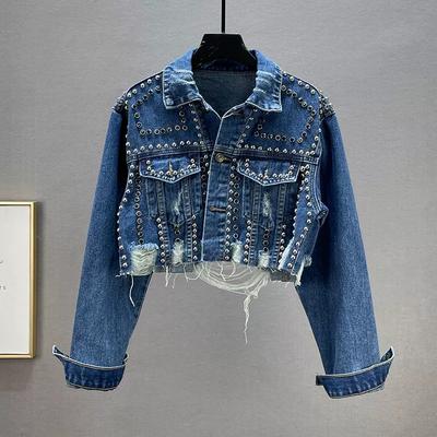 Giacca Corta in Denim a Maniche Lunghe da Donna Moda Pendolare Collo a Revers Top