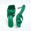 Fashion 2025 New Women's Sexy Leather Slippers with Red Bow Stiletto Heels Roman Elegant Clip-toe Square Head Satin Pull-On
