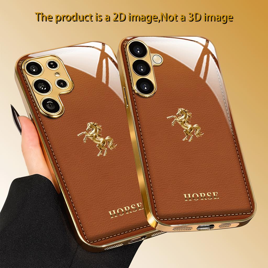 2D Brown Background Golden Horse Design Phone Case for Galaxy S26 S25 S24 S23 Ultra S22 Ultra S20 Ultra 56 A72 A73 5G