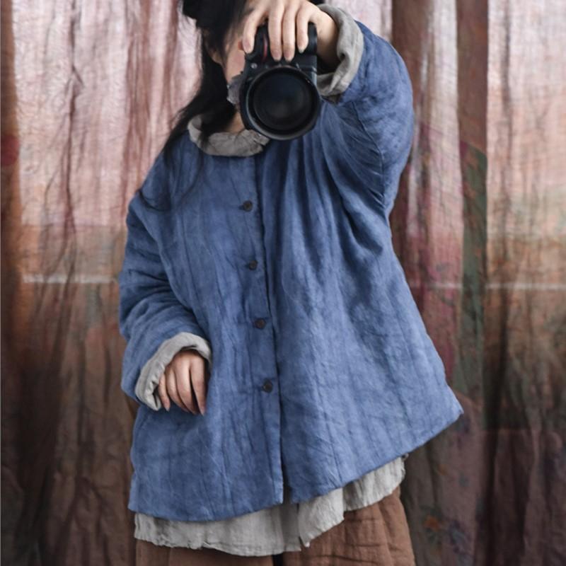 Johnature Women Vintage Parkas O-Neck Long Sleeve Solid Color Spring Coats Button Plus Cotton Chinese Style Parkas