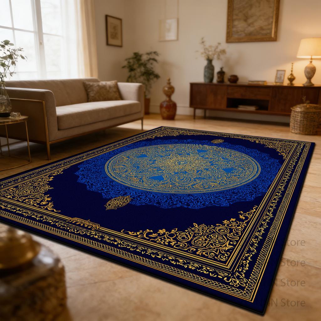 Teppich für Wohnzimmer Europäischer Stil Luxus Blauer Teppich Dekoration Zuhause Maschinenwaschbar Weich Rutschfeste Matte Große Größe Anpassbar