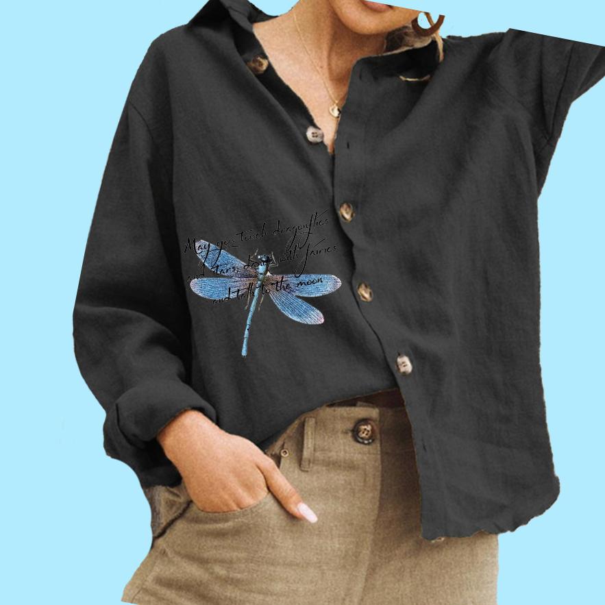 Women Fashion Lapel Collar Blouse Ladies Casual Button Down Top Print Cotton Linen Shirt