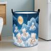 1pc Extra Large Round Cute Bears Clouds Flowers Sky Print Laundry Hamper | Oxford Clothes Storage Bin with Handles, Contemporary Style, Polyester, Mul