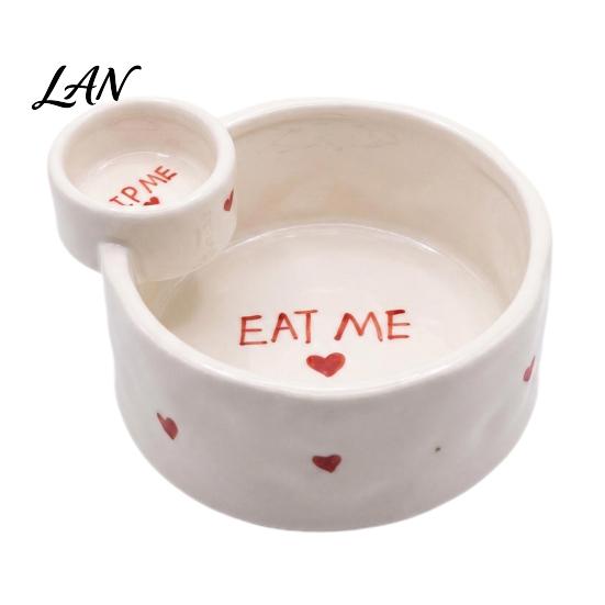 Cute Tableware for Snacks French Fries Bowl with Sauce Dipping Compartment, Heat Resistant Ceramic Snack Server, Microwave Safe Dual Section