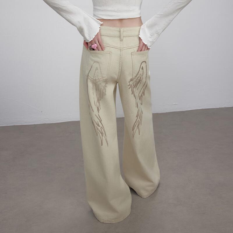 unifree American Retro Angel Wing Print Washed Loose Wide-Leg Casual Pants