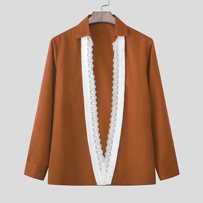 

INCERUN Men Deep V Neck Lace Hem Long Sleeve Party Shirts Tops 5XL оранжевый