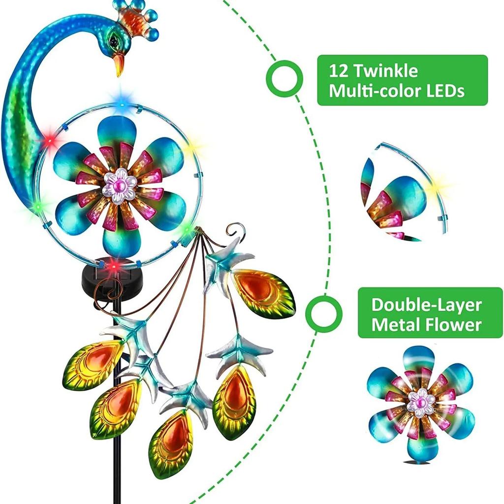 Waterproof Metal Peacock LED Solar Lights Decor Rainbow Wind Spinners Stake Windmill Pinwheels Insert Garden Yard Lawn