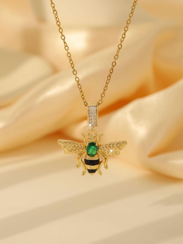 18K Gold Titanium Steel Bee Necklace with Zircon Inlays for Women - European & American Style