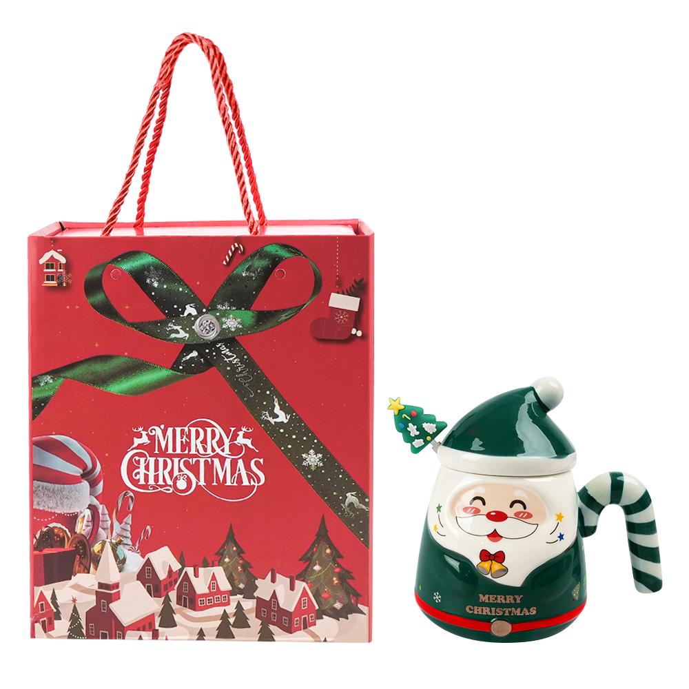 KEPEAK Christmas Santa Claus Ceramic Mugs with Lids and Spoons Animal Print Portable BPA-Free Festive Coffee Cups Set for Gifts