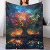 Tree of Life Galaxy Flannel Blanket, Fantasy Starry Night Art, Cozy Home Decor Gift