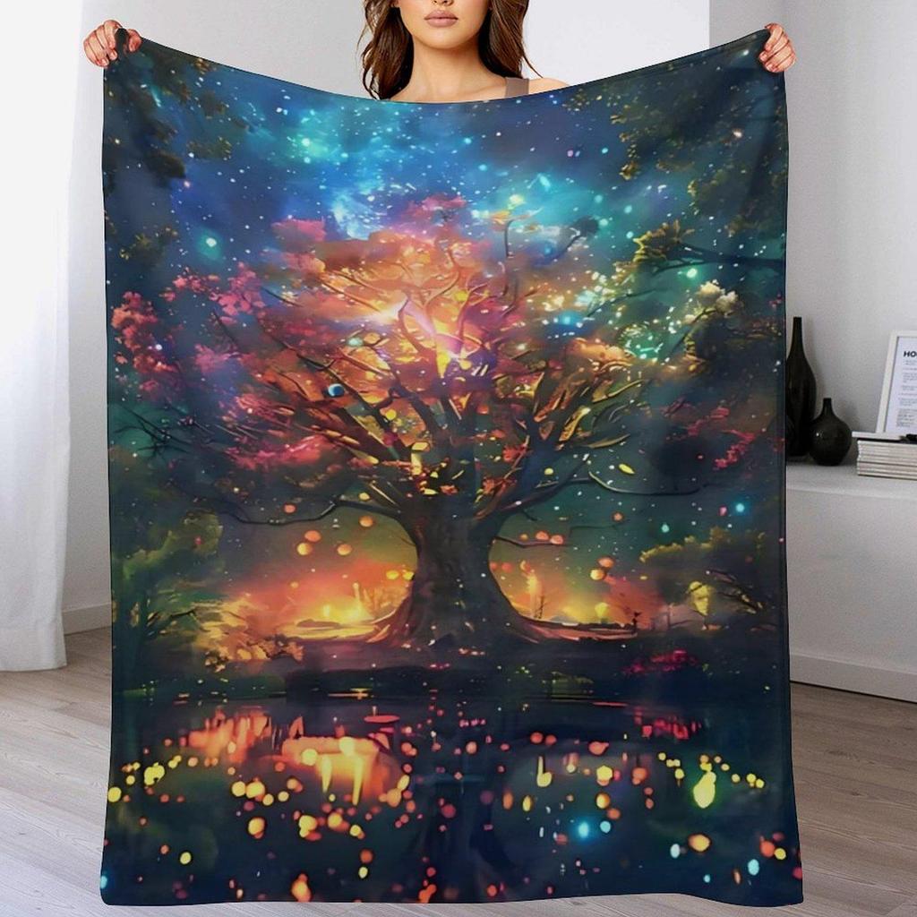 Tree of Life Galaxy Flannel Blanket, Fantasy Starry Night Art, Cozy Home Decor Gift
