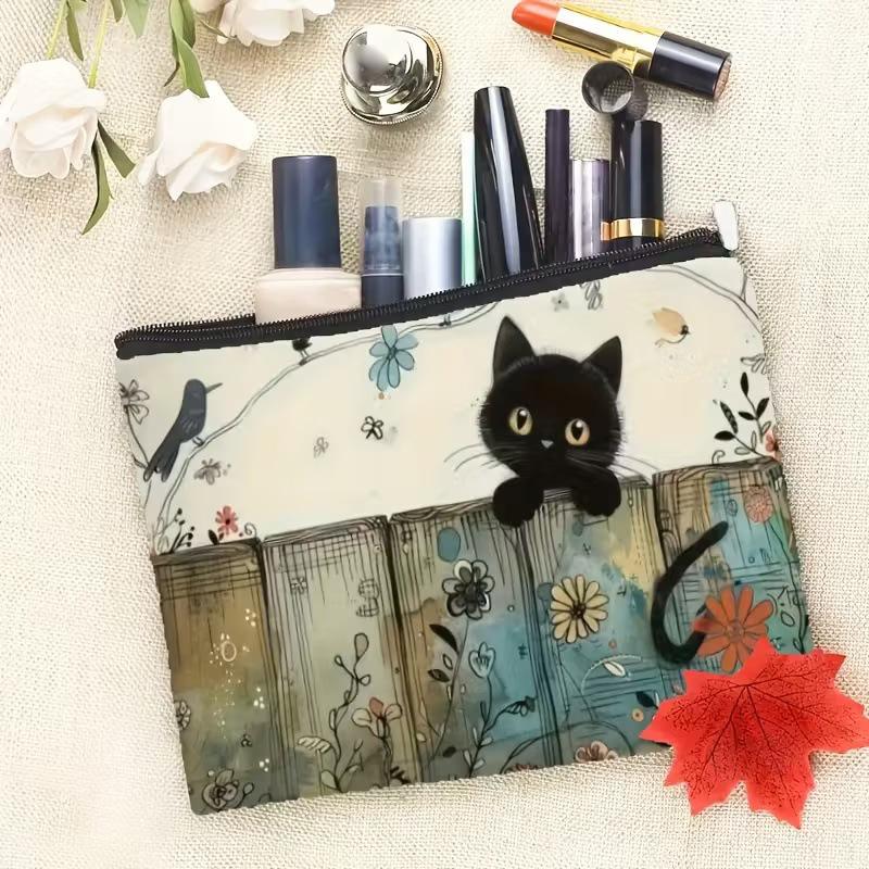 Astuccio con Cerniera Floreale Gatto Nero - Resistente, Anti-Sbiadimento Borsa per Cosmetici, Regalo per Sorelle, Amici, Amanti dei Gatti | Design Vivace