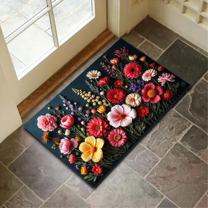 3D Floral Pattern Door Mat Colorful Flower Rug Non Slip Entrance Mat for Home Decor and Outdoor Porch Waterproof Floor Protector