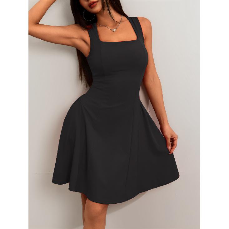 Fashion Solid Color Party Square Neck Backless Mini Slip Dresses 2025 New Elegant High Waist Club Pleated Short Dress