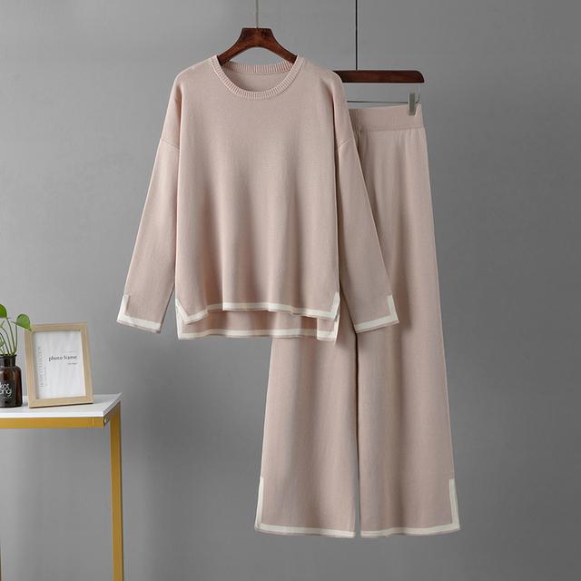 

Вязаный женский брючный костюм, комплект из двух предметов, зеленый зимний свободный трикотаж с длинными рукавами, брюки-клеш, комплекты женских повседневных костюмов One Size